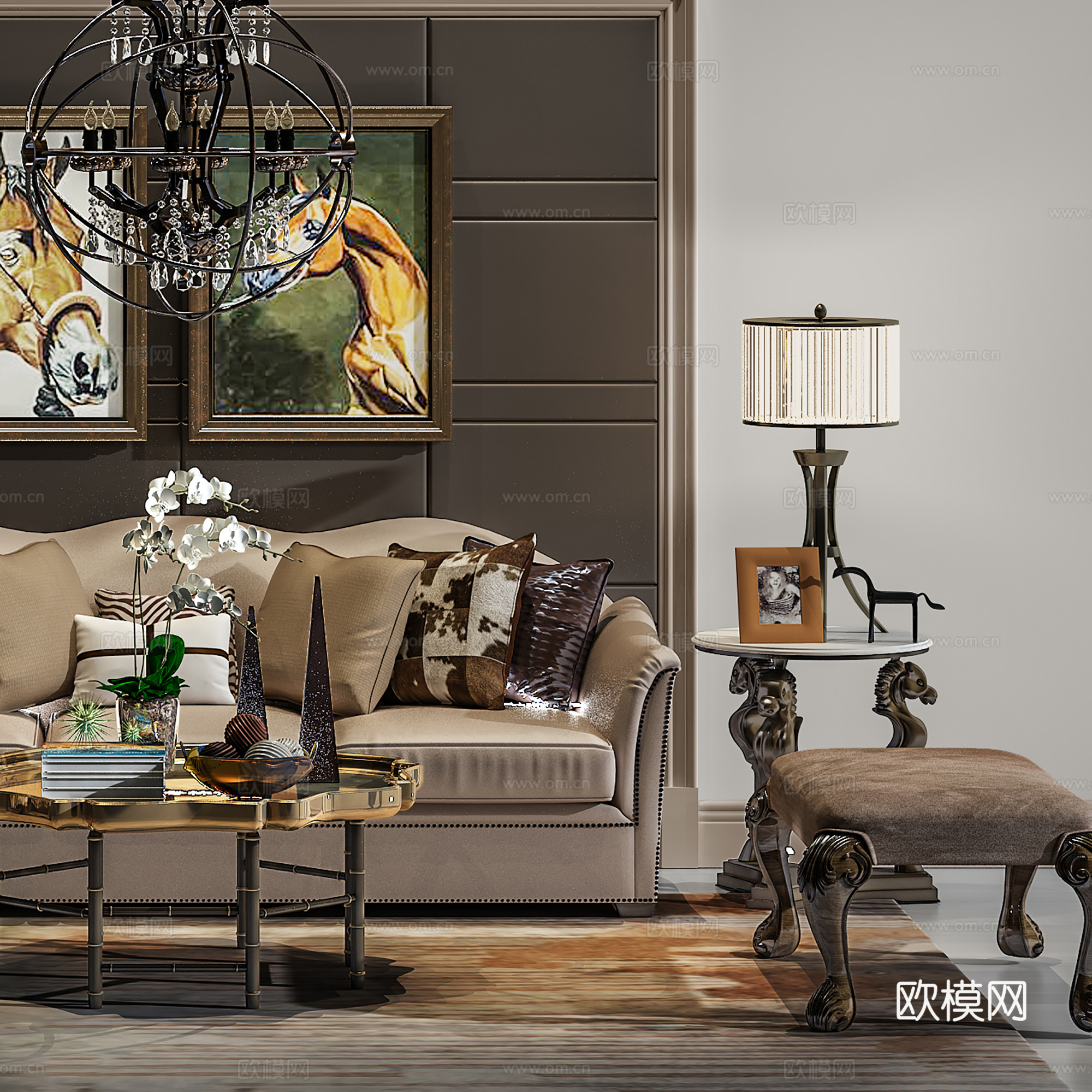 现代沙发茶几壁画组合3d模型下载（渲染图2）