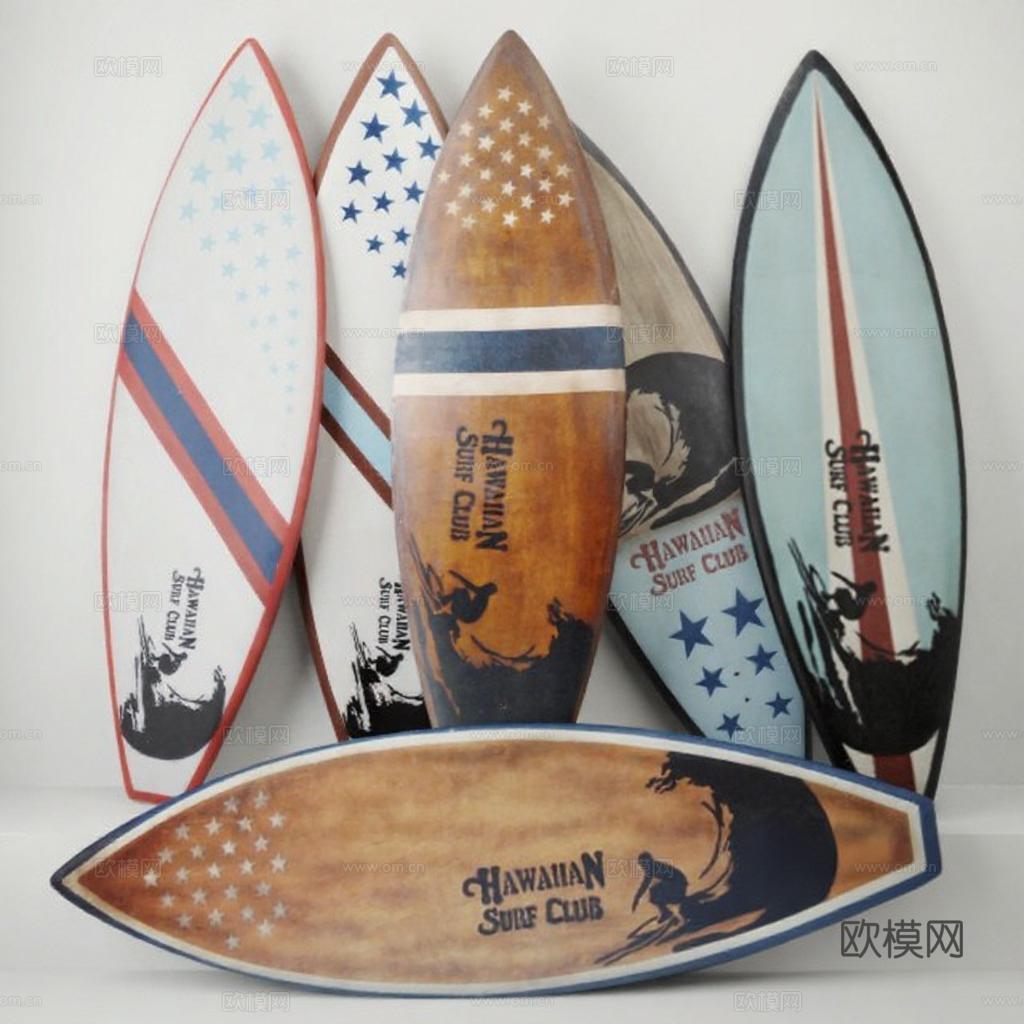 复古手工艺冲浪板装饰 夏威夷冲浪俱乐部收藏品 美式国旗家居摆件 航海冒险主题装饰免费3d模型