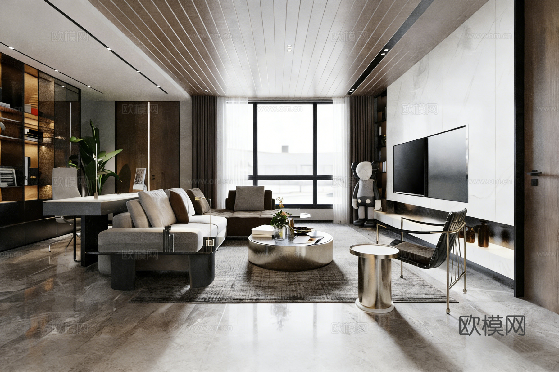 意式轻奢客餐厨一体 厨房岛台 木质条纹天花 大理石地面 大平3d模型下载（渲染图3）