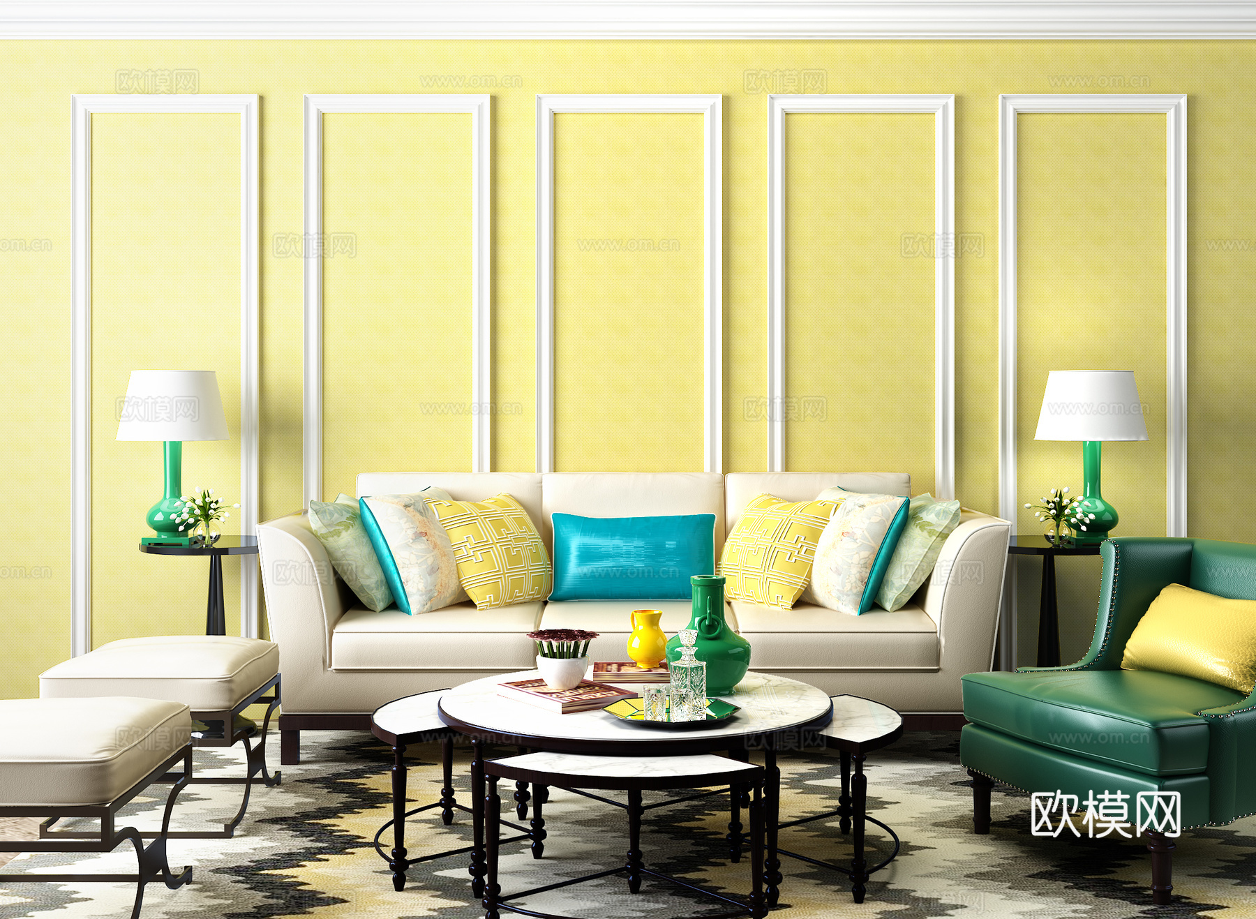 欧式简约 沙发 椅子 茶几 台灯组合3d模型下载（渲染图2）
