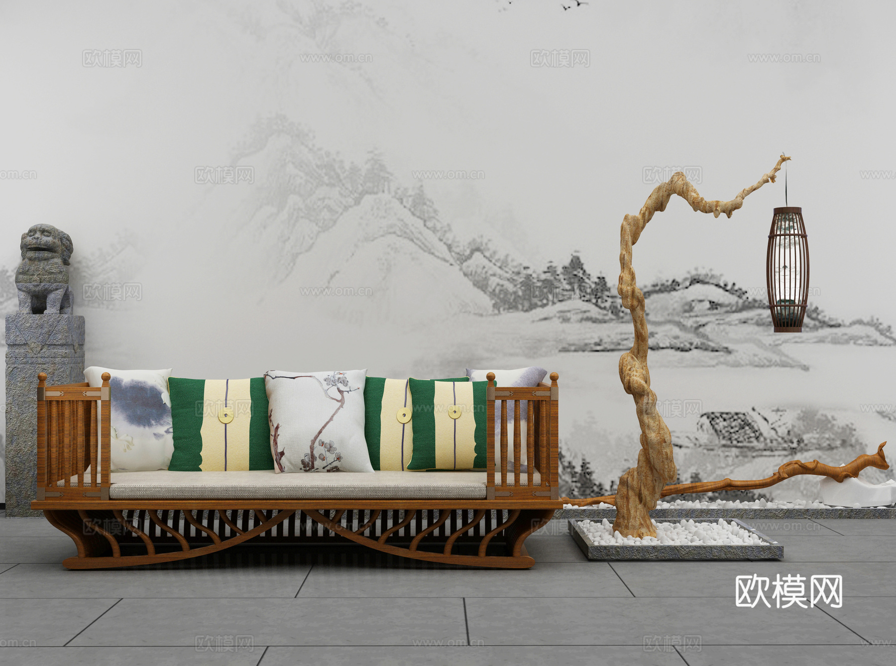 新中式沙发茶几吊灯组合3d模型下载（渲染图2）