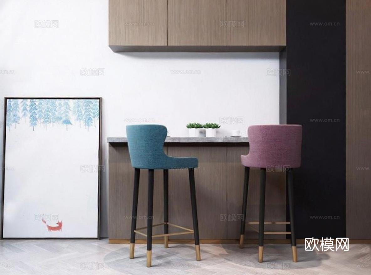 现代简约北欧风格家居设计 中性灰调空间布局装饰灵感 蓝紫高脚椅木质吧台搭配技巧免费3d模型
