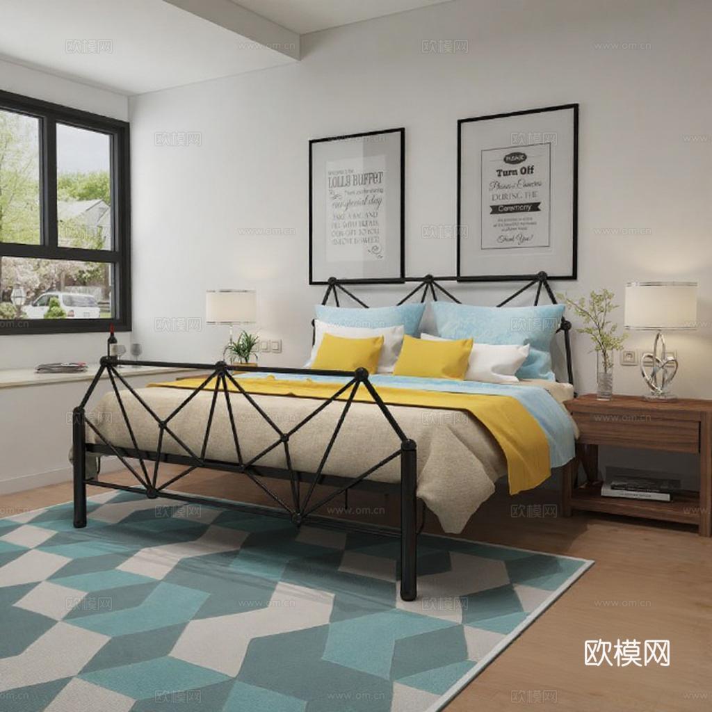 现代风格卧室设计 蓝黄家居装饰搭配 金属床架床品组合 黑白装饰画室内装饰免费3d模型