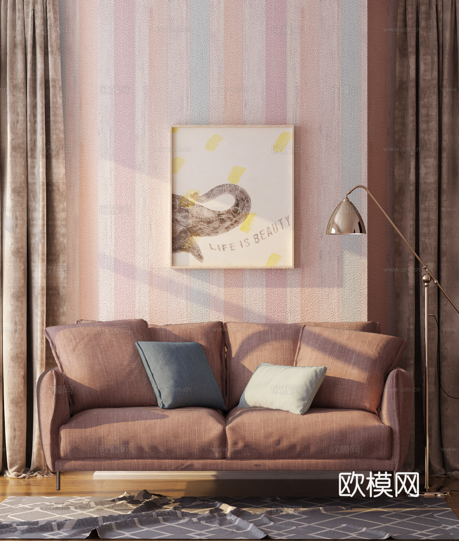 北欧简约沙发 落地灯 装饰画 窗帘组合3d模型下载（渲染图1）