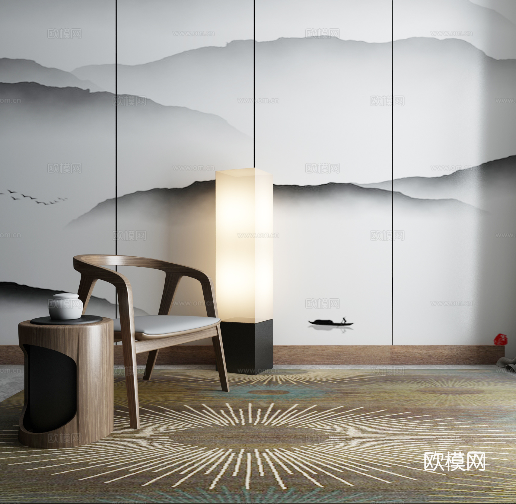 新中式沙发茶几组合3d模型下载（渲染图2）