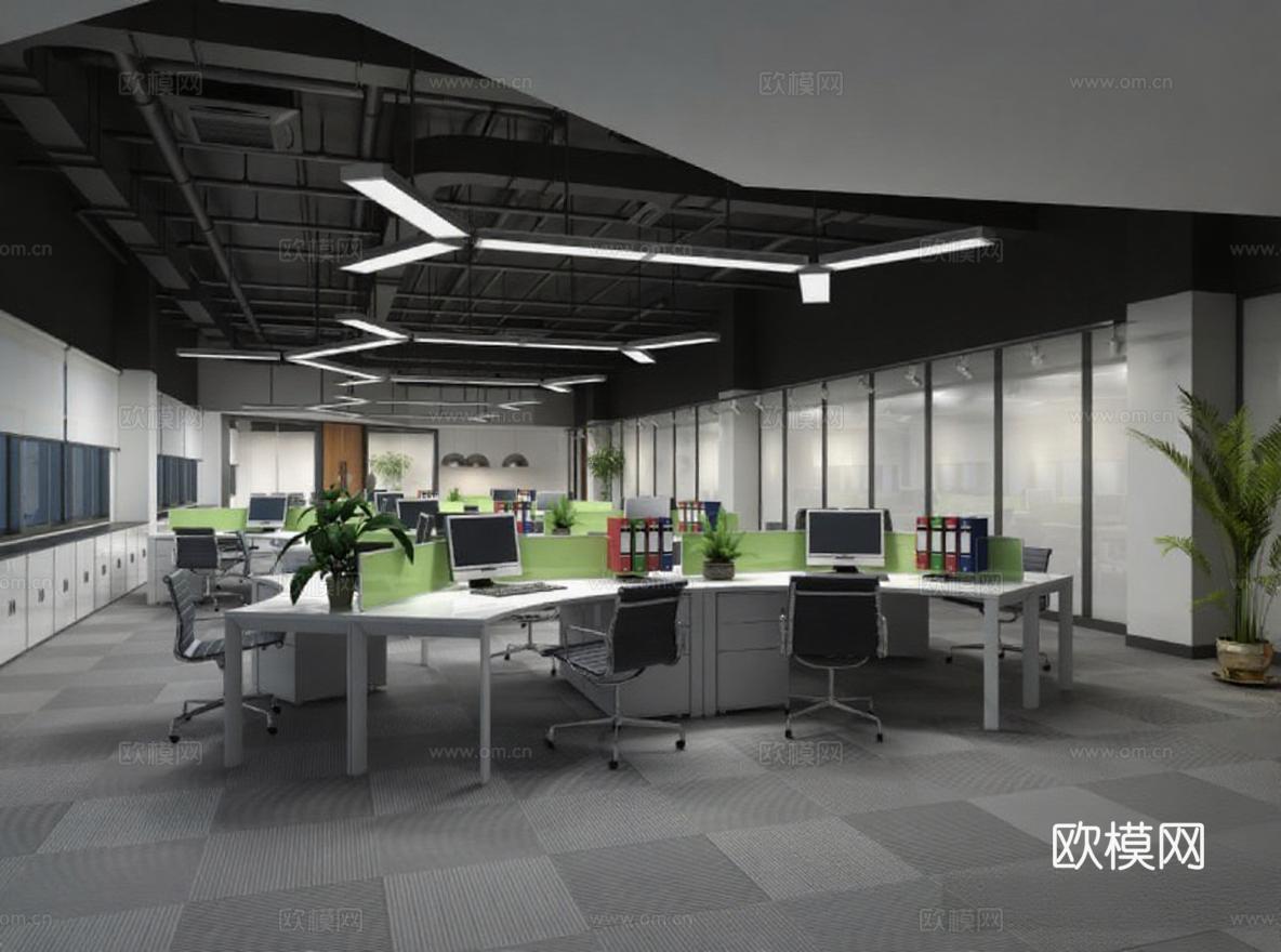 现代开放式办公室设计效果图 绿色隔断工业风办公空间布局 商业空间3D模型展示 科技感办公环境室内装饰免费3d模型下载