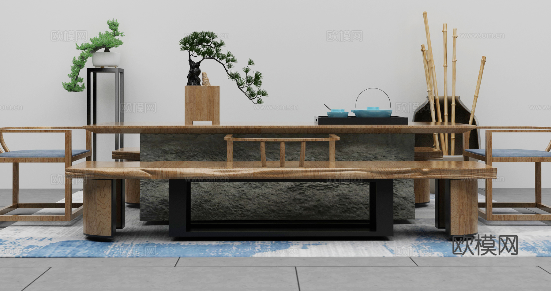 新中式茶室 茶台组合3d模型下载（渲染图1）