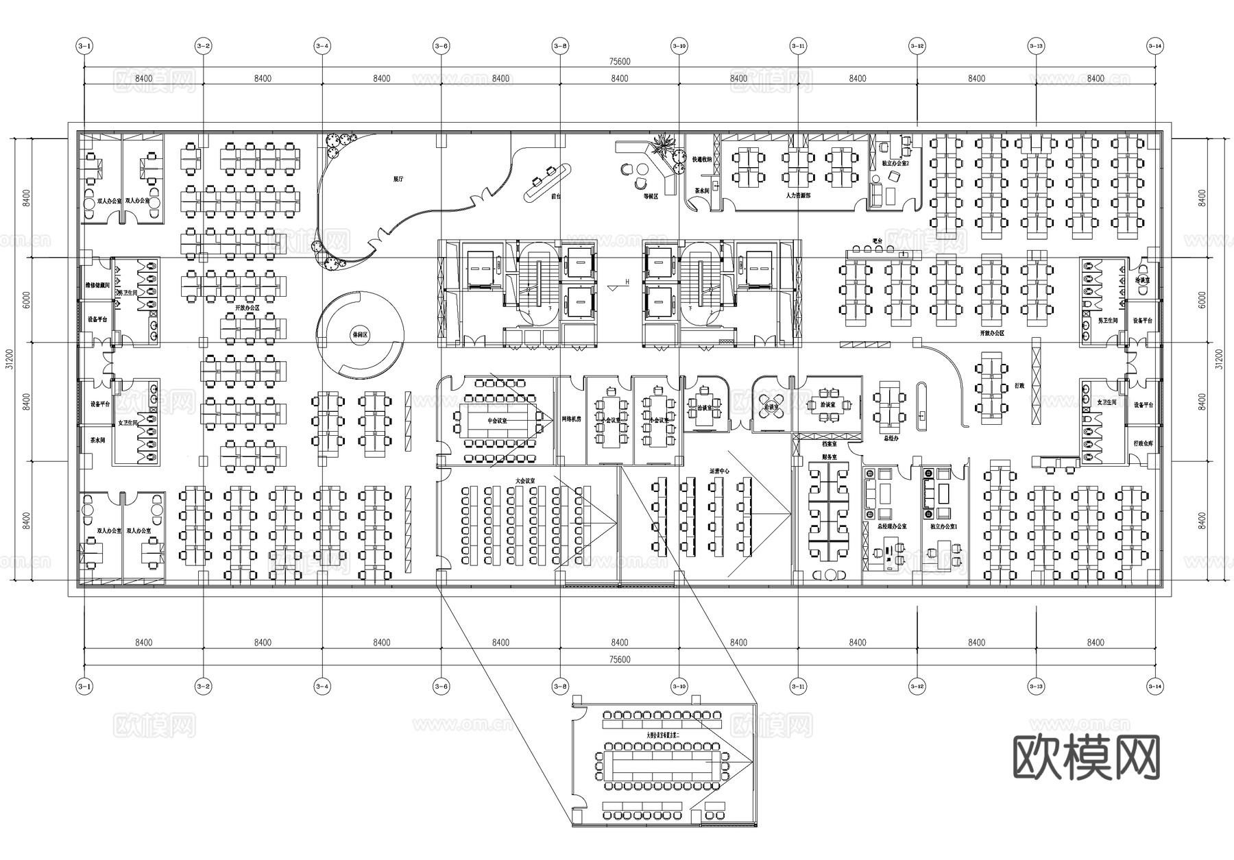 2600平方米办公室平面图cad施工图