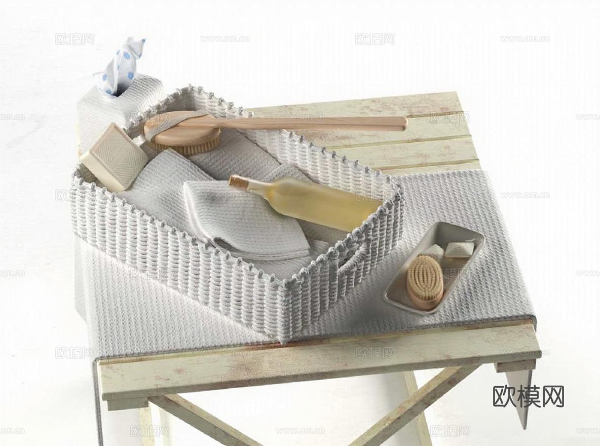 北欧风编织收纳篮 侘寂美学浴室用品组合 治愈系家居场景 静物摄影3D模型素材免费3d模型下载