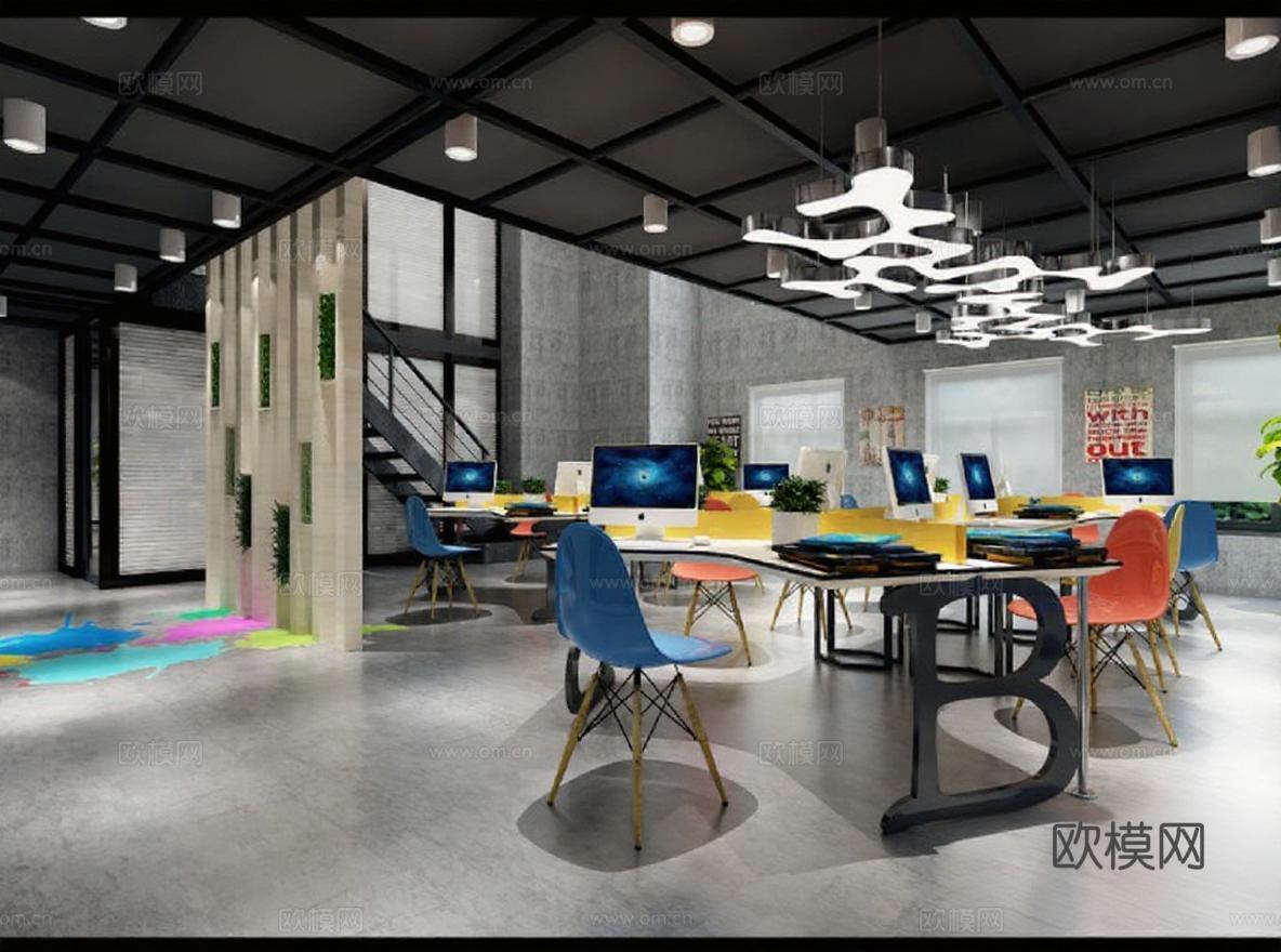 现代工业风办公空间设计 创意工作室3D渲染案例 开放式LOFT室内装修效果图免费3d模型下载_ID16328797_3dmax免费模型-欧模网