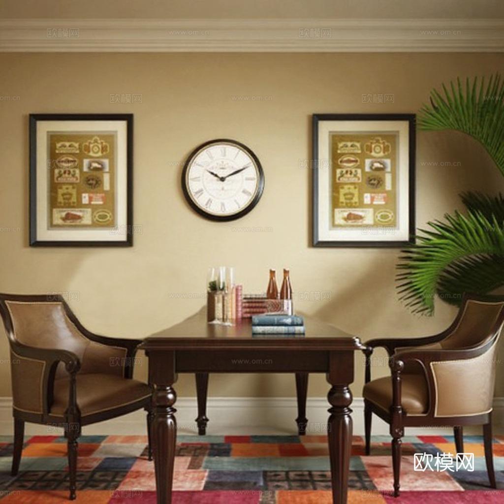 典雅客厅书房家具组合 棕色皮革扶手椅搭配木质书桌 对称装饰画挂钟设计免费3d模型