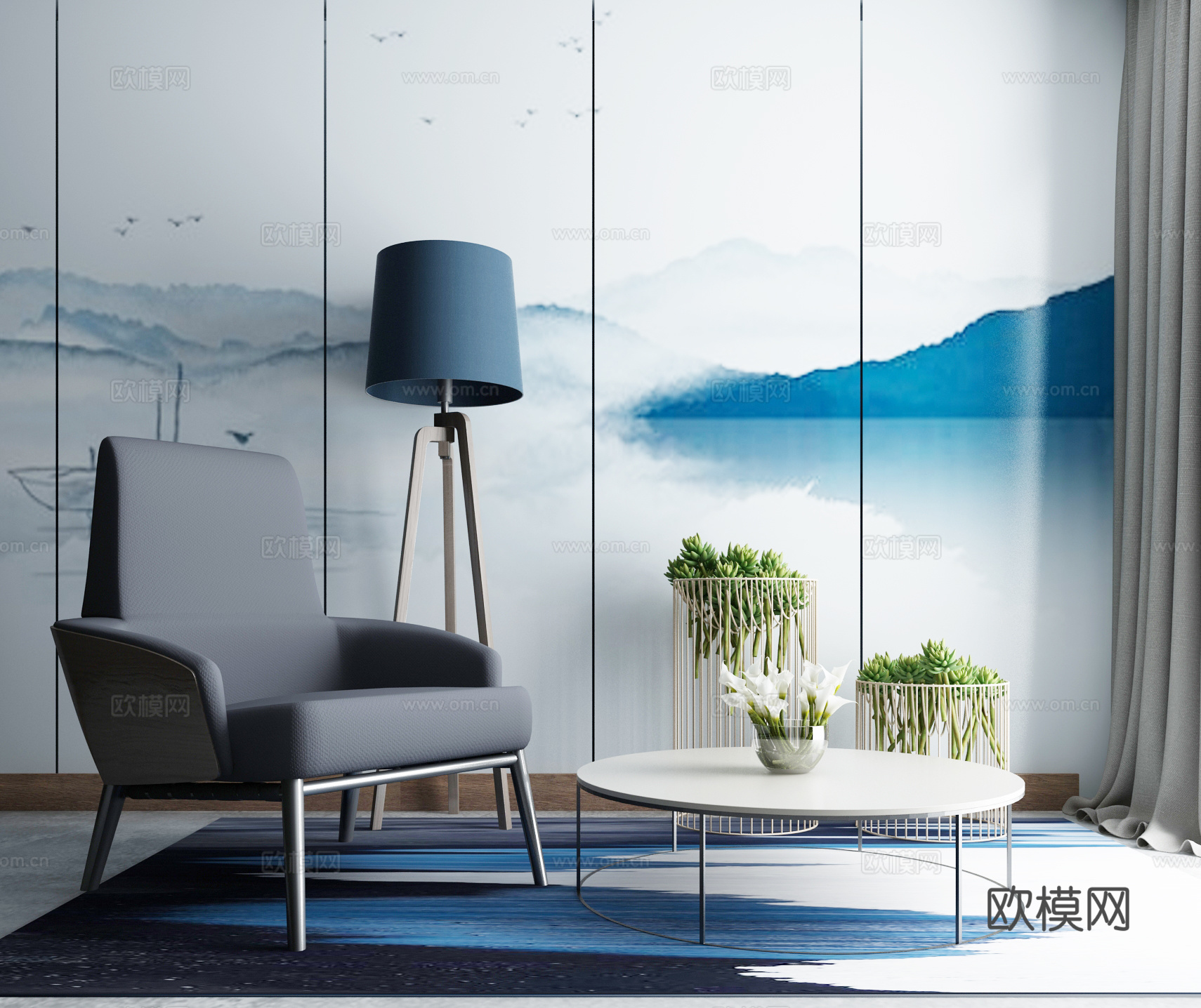 新中式沙发茶几组合3d模型下载（渲染图1）