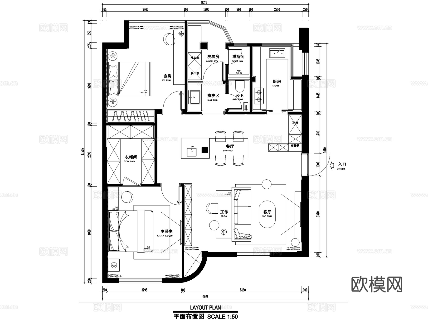 法式两室两厅一卫平层室内家装CAD施工图cad施工图