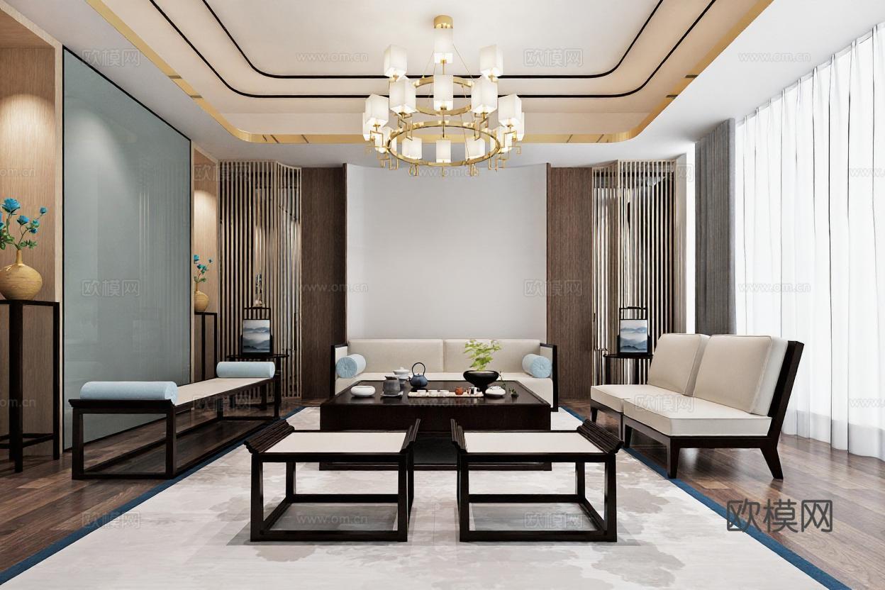 现代中式客厅设计效果图 实木家具布艺沙发金属吊灯装饰 3D渲染家居美学案例 室内装饰空间布局方案免费3d模型下载