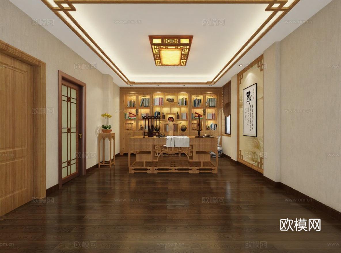 中式书房室内设计 3D渲染效果图展示 对称布局文化空间 实木家具雅致氛围免费3d模型