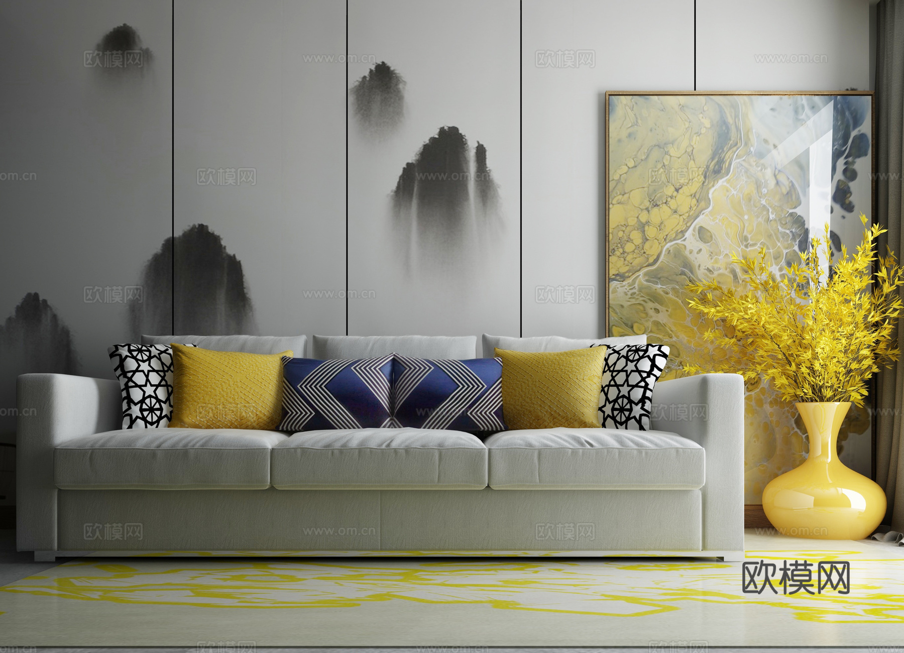 现代沙发茶几组合3d模型下载（渲染图1）