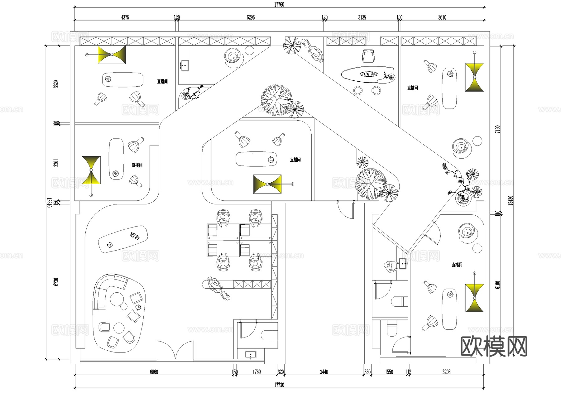 直播间平面图独立办公室cad施工图