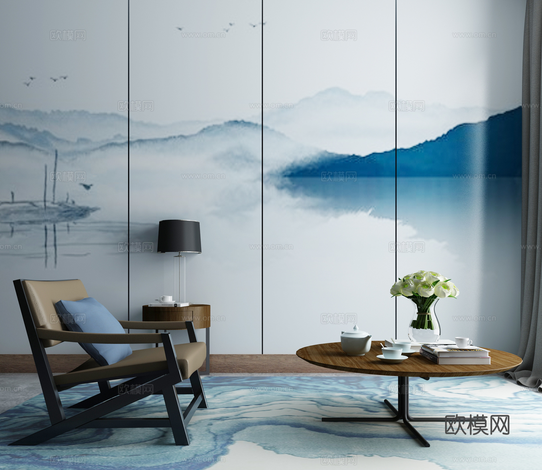 新中式沙发茶几组合3d模型下载（渲染图1）