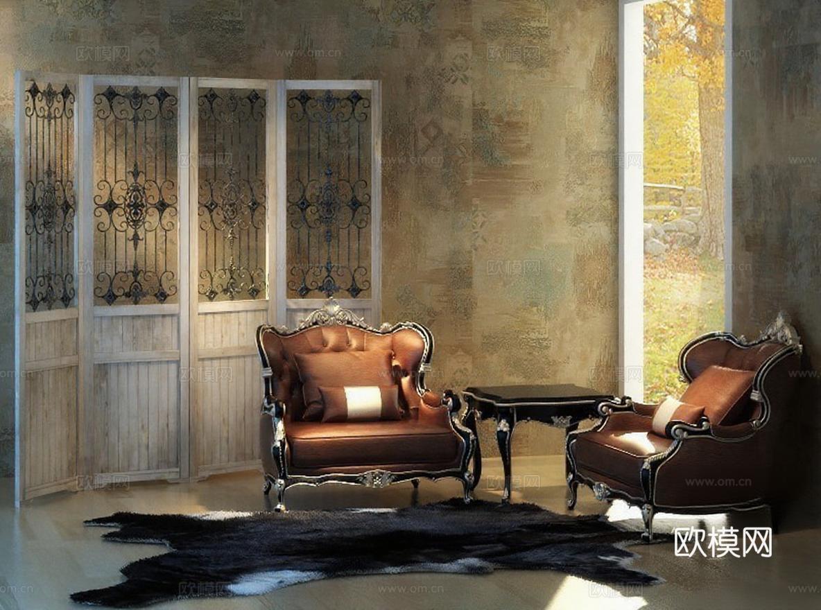 奢华古典客厅设计 巴洛克风格家具装饰 棕色皮革扶手椅 铁艺屏风3D模型免费3d模型下载
