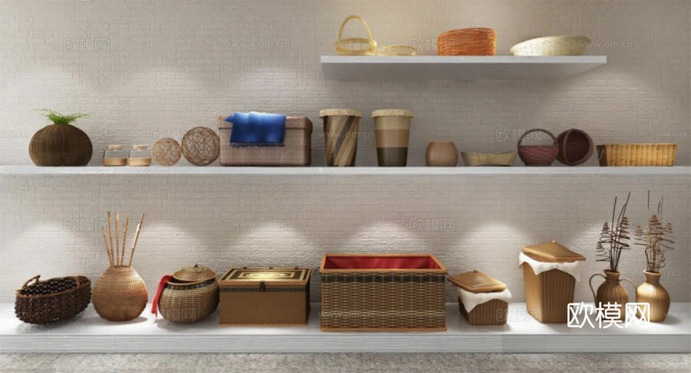 日式多层收纳架 竹藤木质家居置物架 手工陶艺品装饰架免费3d模型