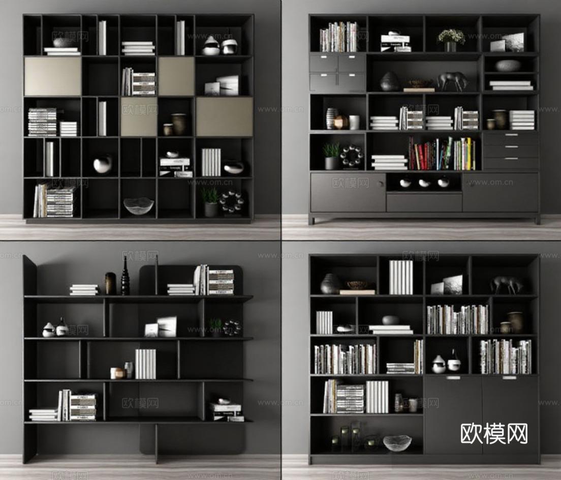 现代简约金属书架家居设计 深灰框架浅木地板装饰 多功能收纳展示柜 室内3D模型产品目录免费3d模型