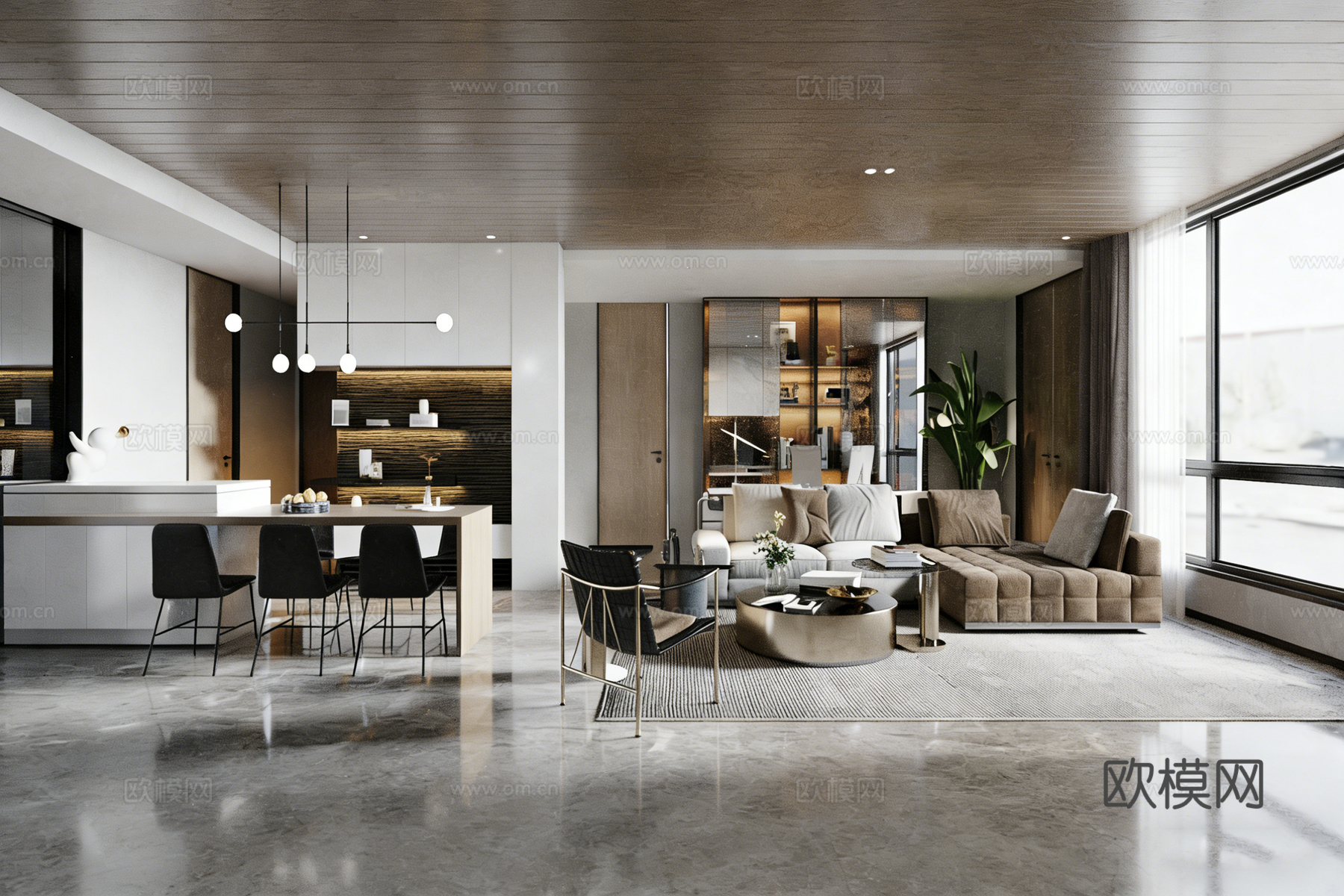 意式轻奢客餐厨一体 厨房岛台 木质条纹天花 大理石地面 大平3d模型下载（渲染图1）