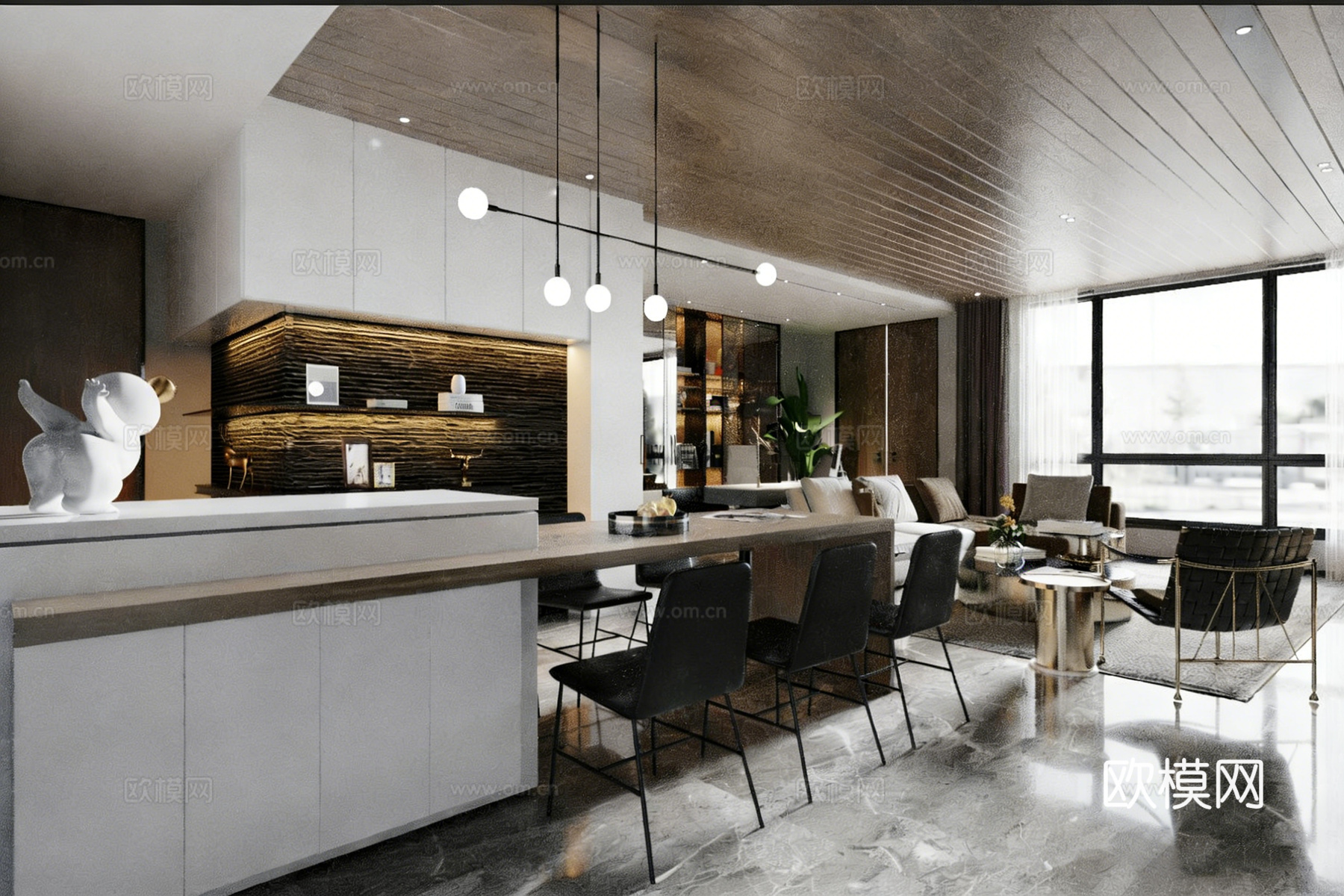 意式轻奢客餐厨一体 厨房岛台 木质条纹天花 大理石地面 大平3d模型下载（渲染图2）
