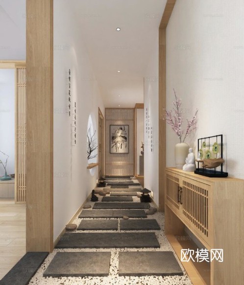 日式禅意走廊设计 极简原木风室内装饰 3D渲染禅意空间 石板鹅卵石铺装 高端冥想空间设计免费3d模型下载_ID16326769_3dmax免费 ...