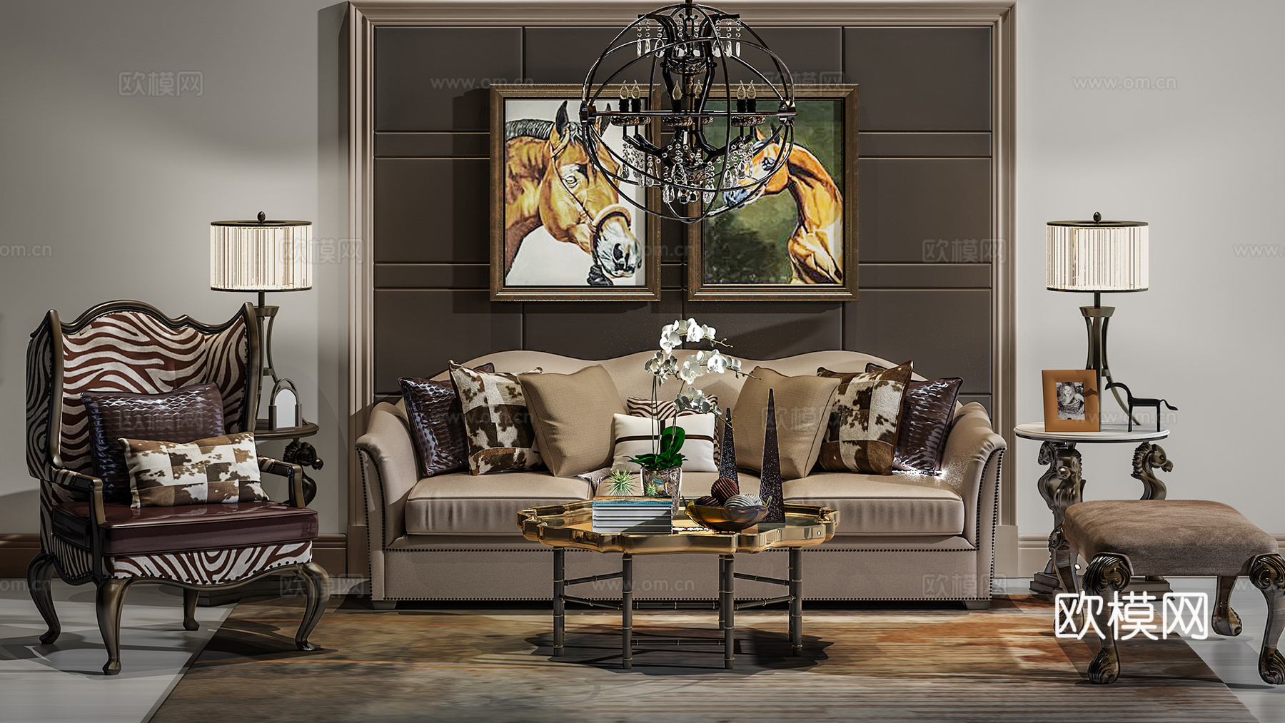 现代沙发茶几壁画组合3d模型下载（渲染图1）