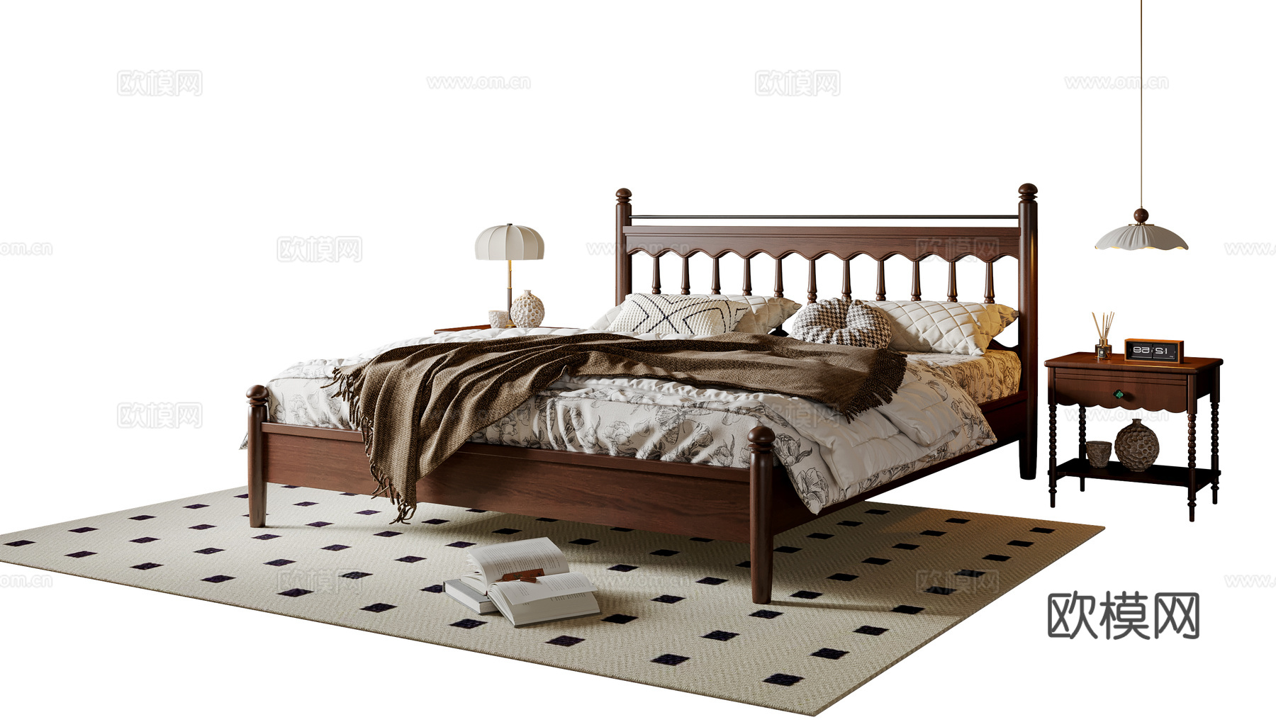 法式双人床 实木双人床 床头柜 吊灯 地毯su模型