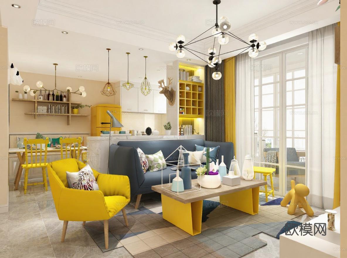 现代家居设计 开放式客餐厅一体 蓝色沙发黄色主调 3D渲染效果图 工业风吊灯木质家具免费3d模型下载