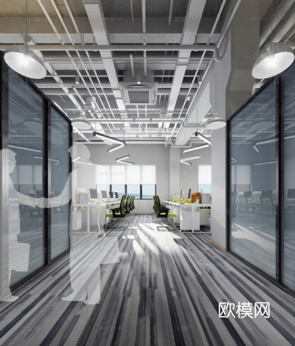 工业风开放式办公空间设计 3D渲染室内效果图 企业建筑可视化案例免费3d模型