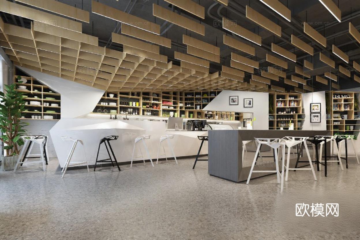 现代商业空间咖啡厅酒吧设计 中性灰暖木色调室内3D渲染效果图 开放式吧台几何木质天花板设计概念免费3d模型