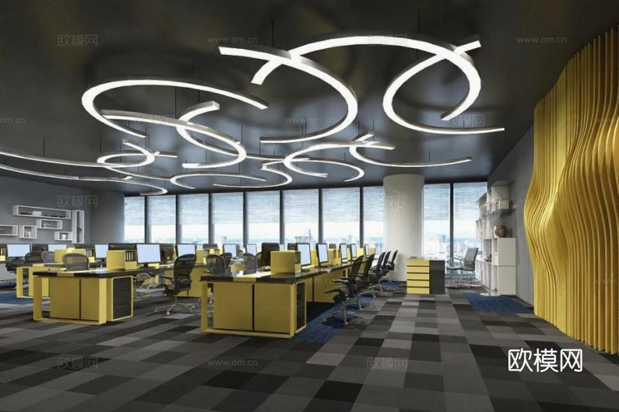 科技公司办公空间设计 创意工作室3D渲染案例 黑黄极简室内设计 环形LED吊灯现代办公环境免费3d模型下载