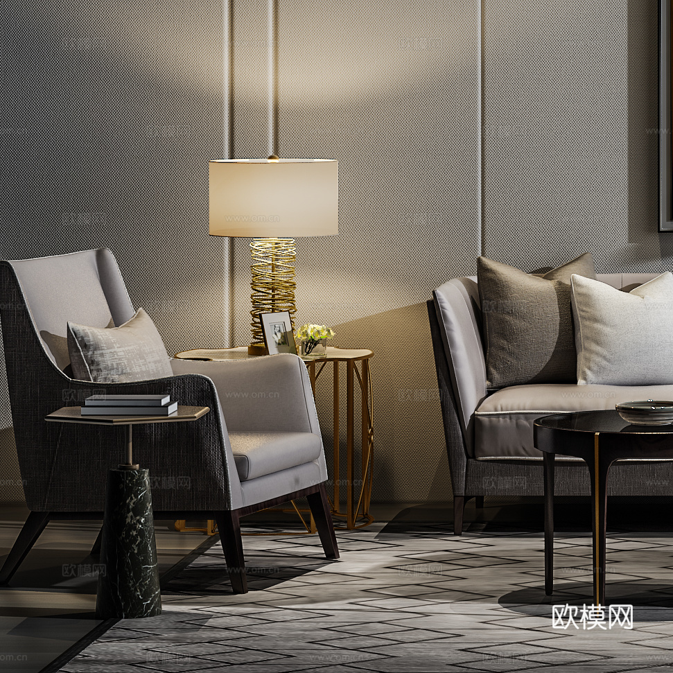 现代沙发茶几壁画组合3d模型下载（渲染图4）