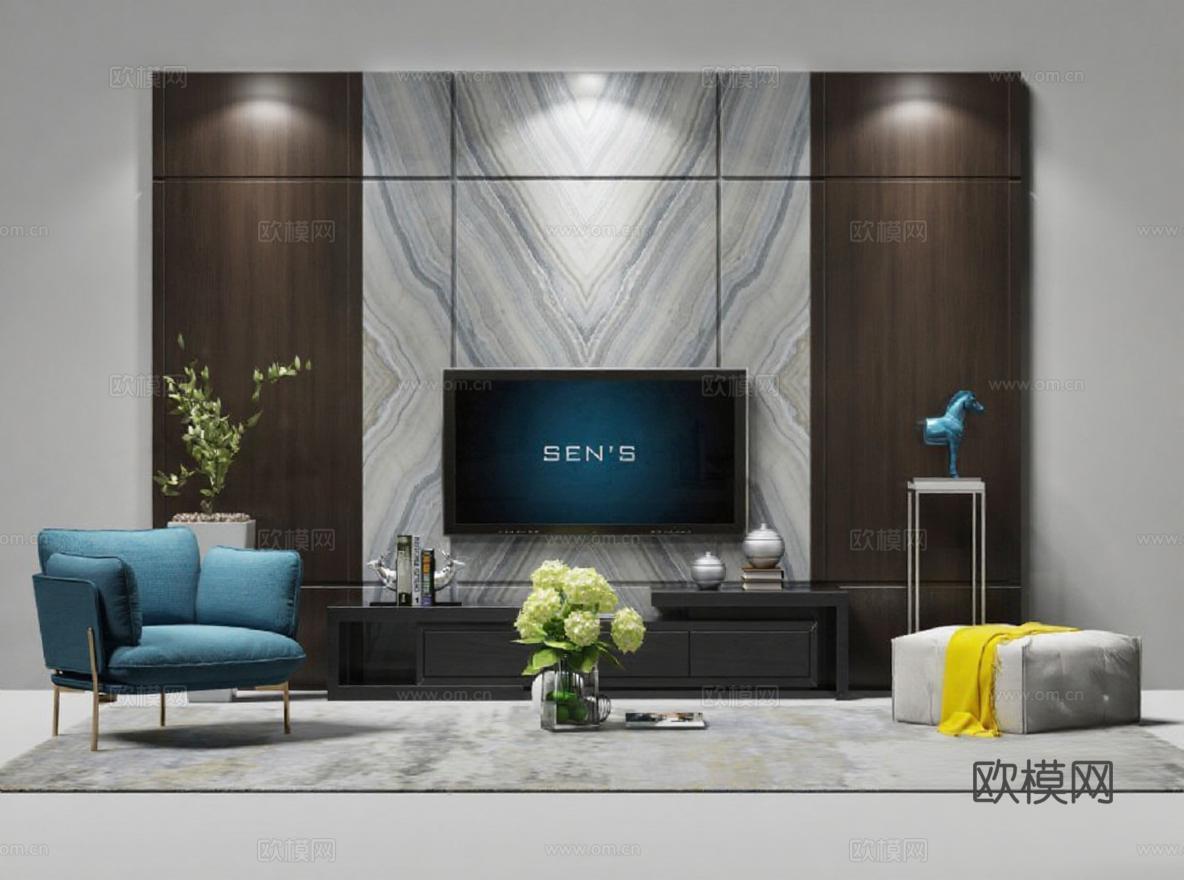 现代客厅家居设计 大理石电视背景墙 3D渲染效果图 高端室内装饰案例免费3d模型