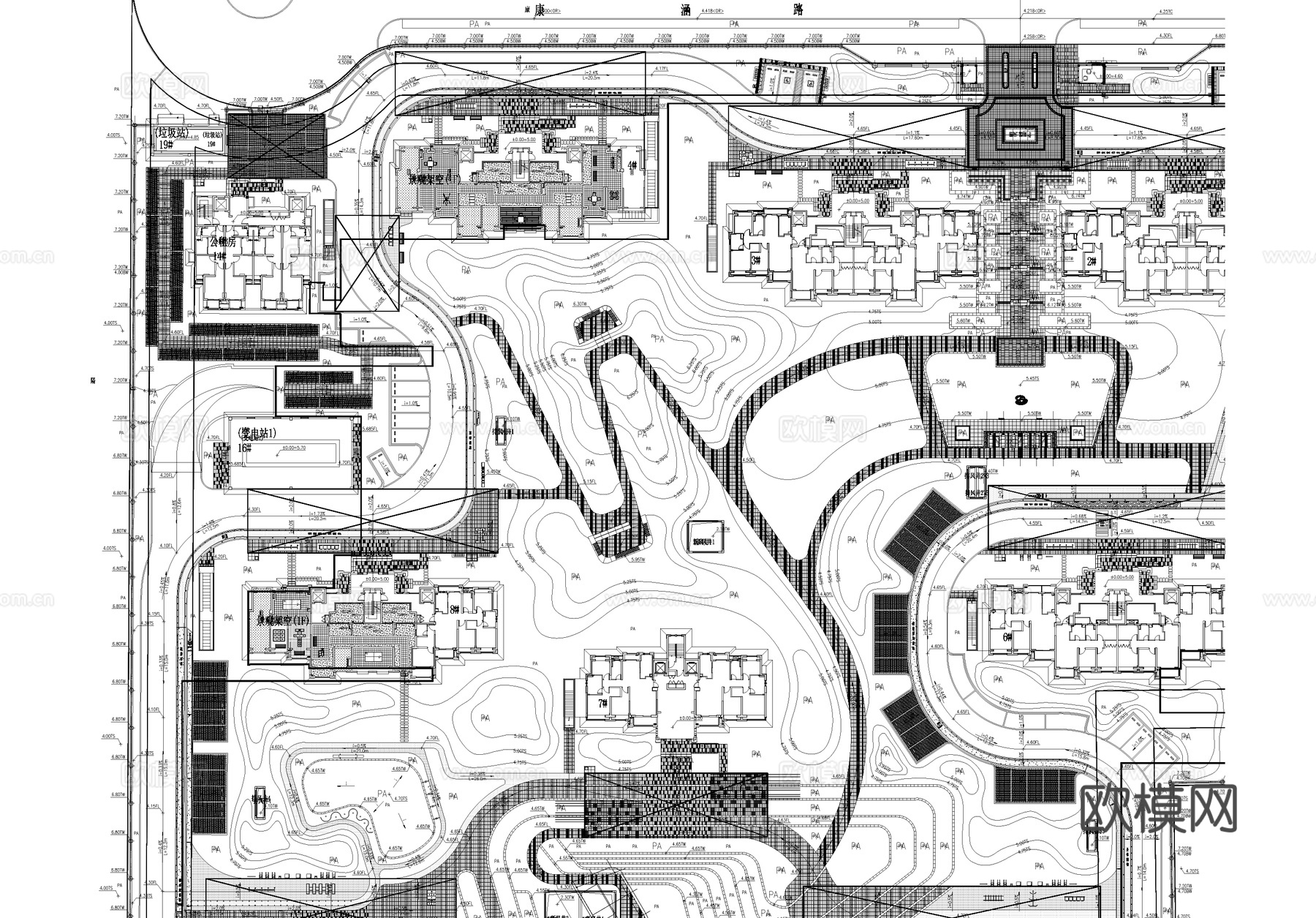 居住区住宅区景观总平面图cad施工图