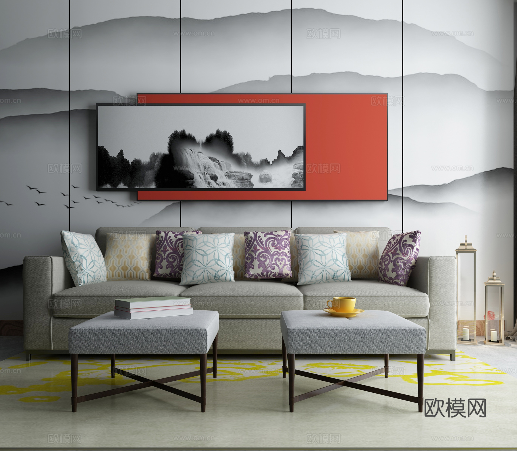 新中式沙发茶几组合3d模型下载（渲染图2）