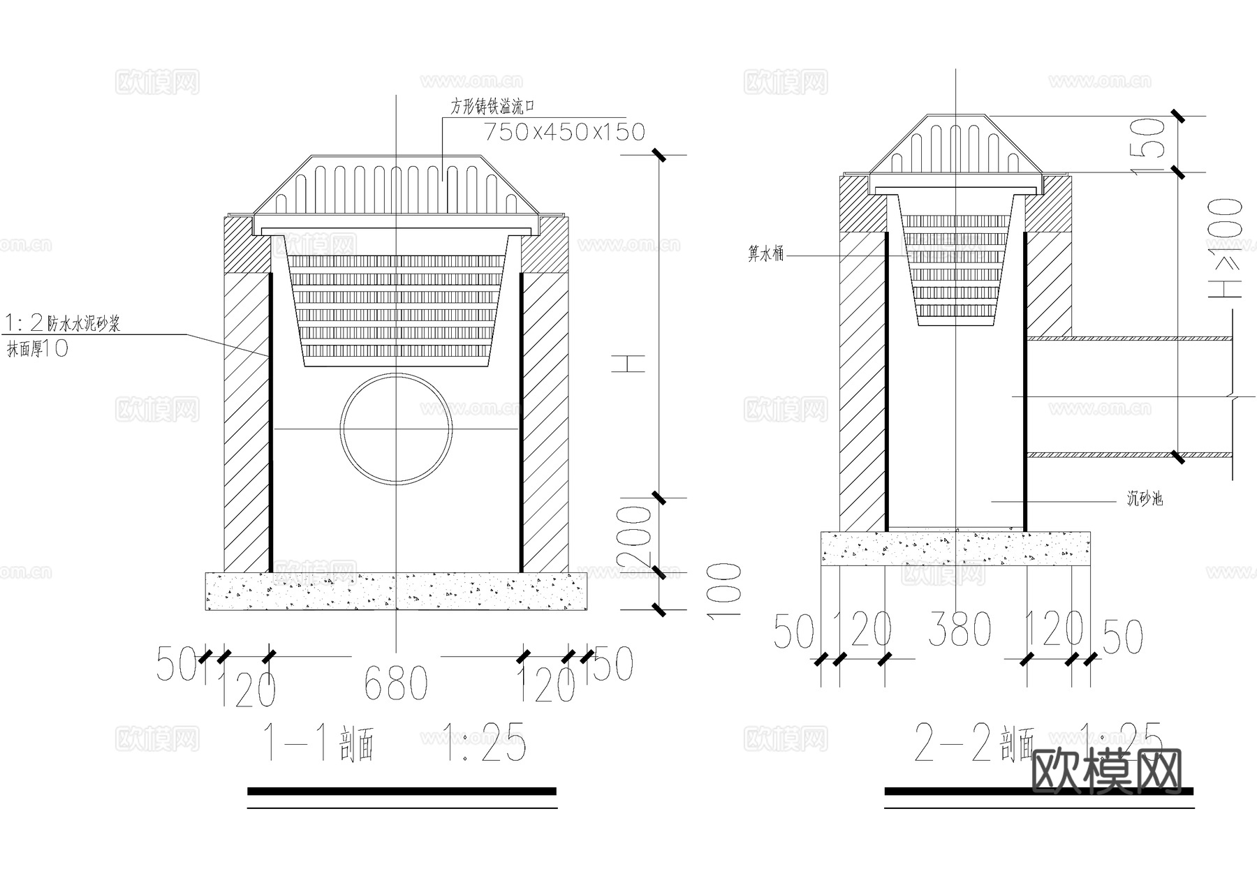 雨水花园溢流口 穿孔管 海绵城市设施给排水节点cad施工图