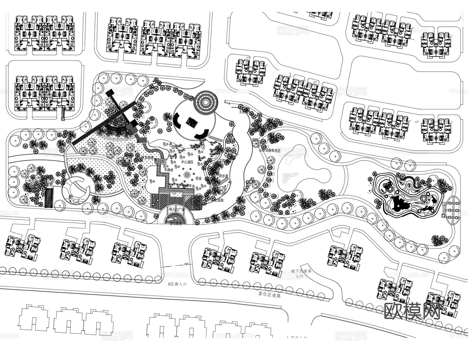 居住区滨水景观绿地公园平面CAD施工图+SU+LUcad施工图