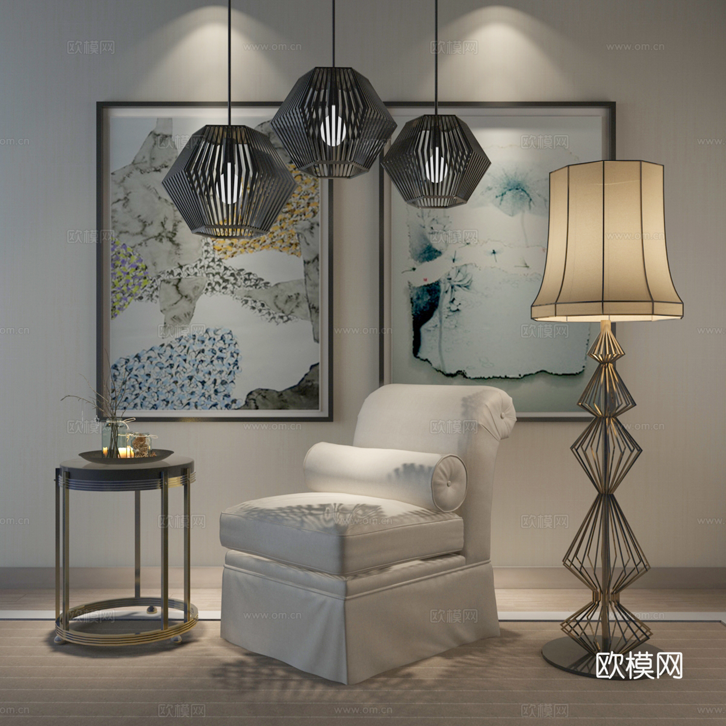 新中式沙发茶几台灯组合3d模型下载（渲染图1）