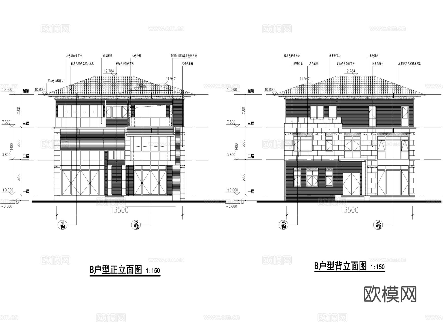 两厅三套间一单间三层别墅建筑CAD施工图cad施工图