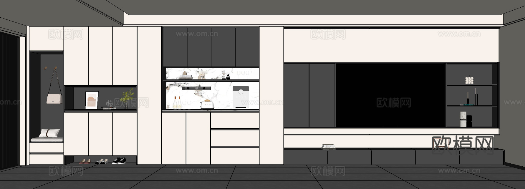 现代极简电视墙 鞋柜餐边柜电视墙 客厅电视背景墙柜 鞋柜su模型