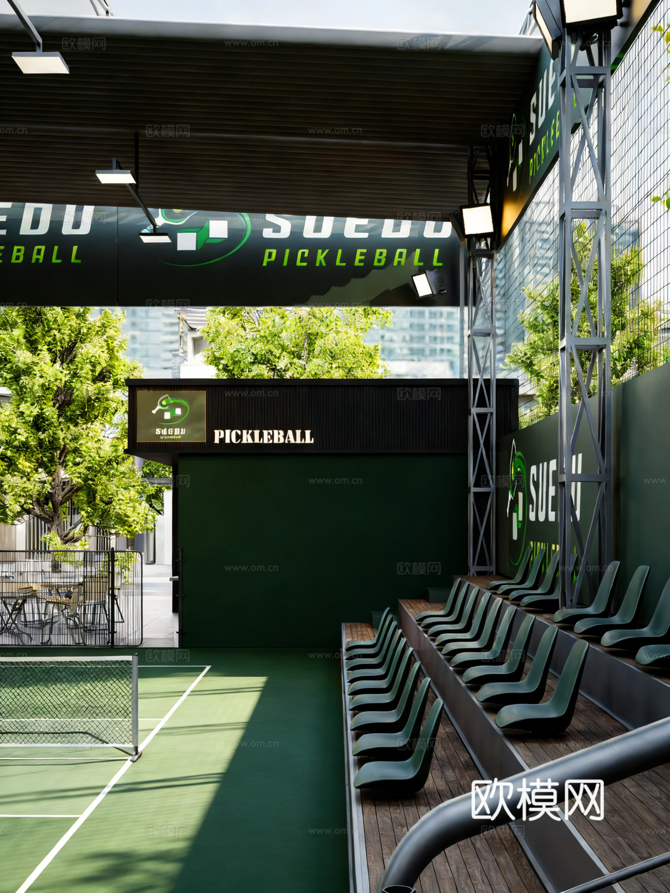 现代专业羽毛球网球球场 钢结构顶棚 专业围网 观众看台 体育su模型