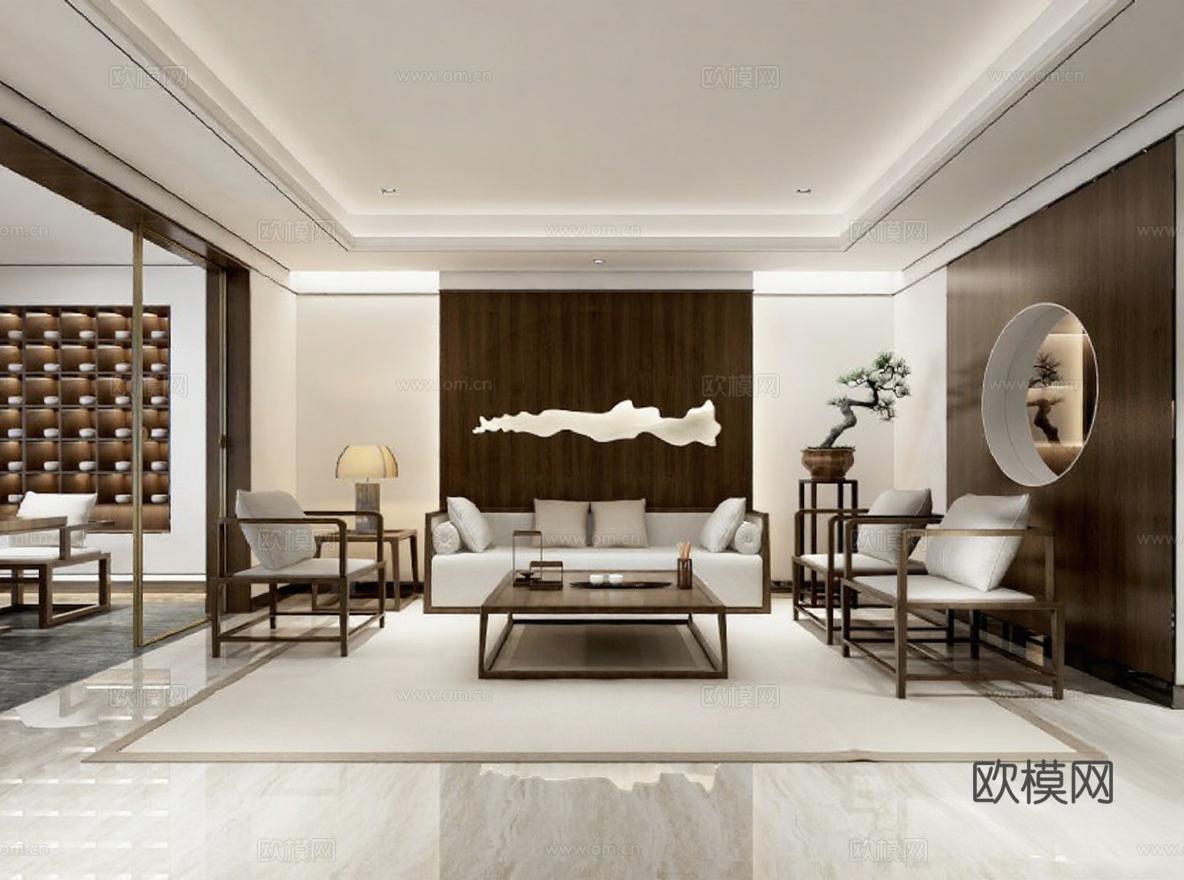 现代中式客厅设计 高端住宅东方美学禅意空间 对称布局艺术装饰 米白深棕木饰客厅 大理石玻璃展架组合免费3d模型下载