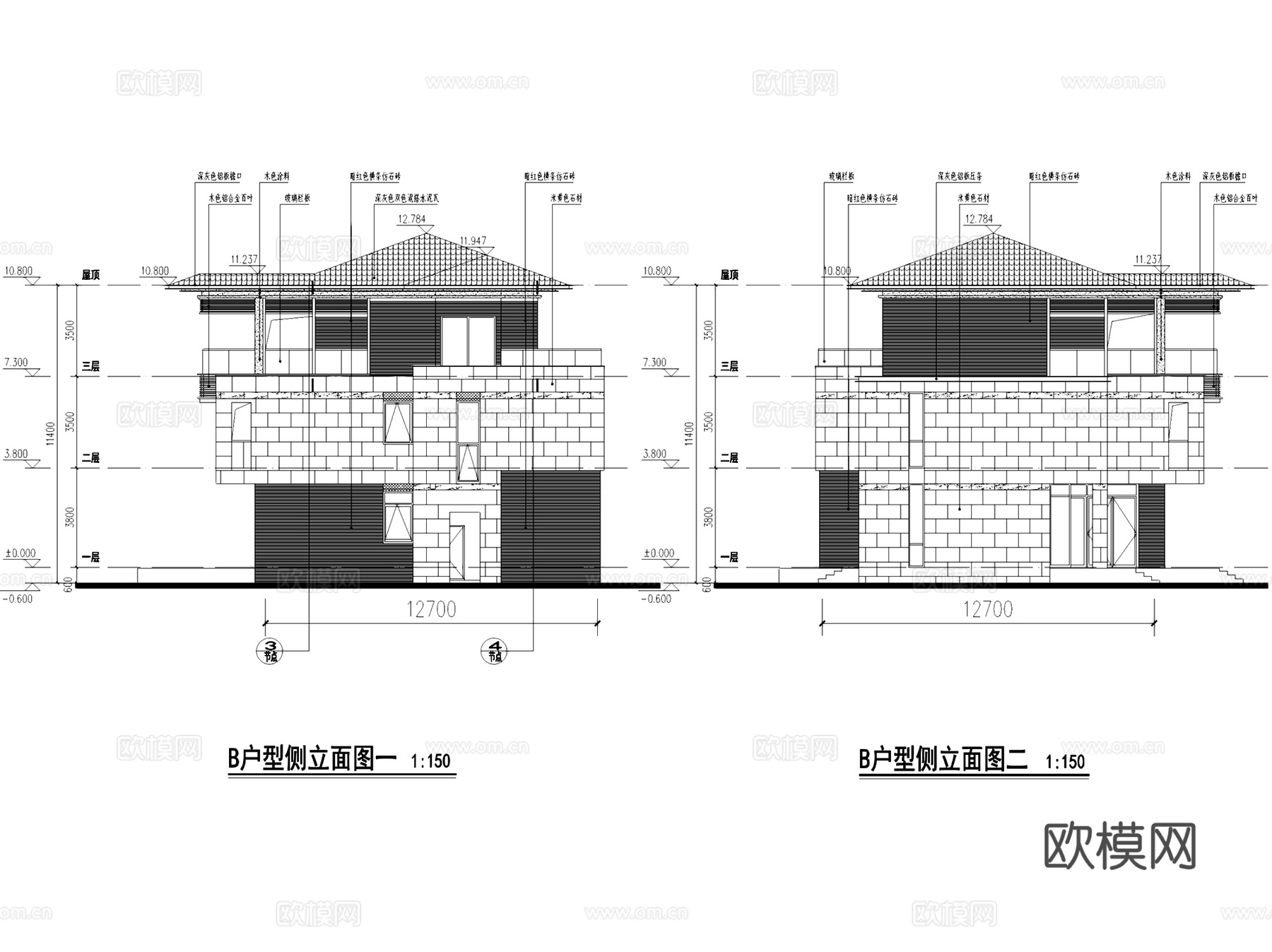 两厅三套间一单间三层别墅建筑CAD施工图cad施工图