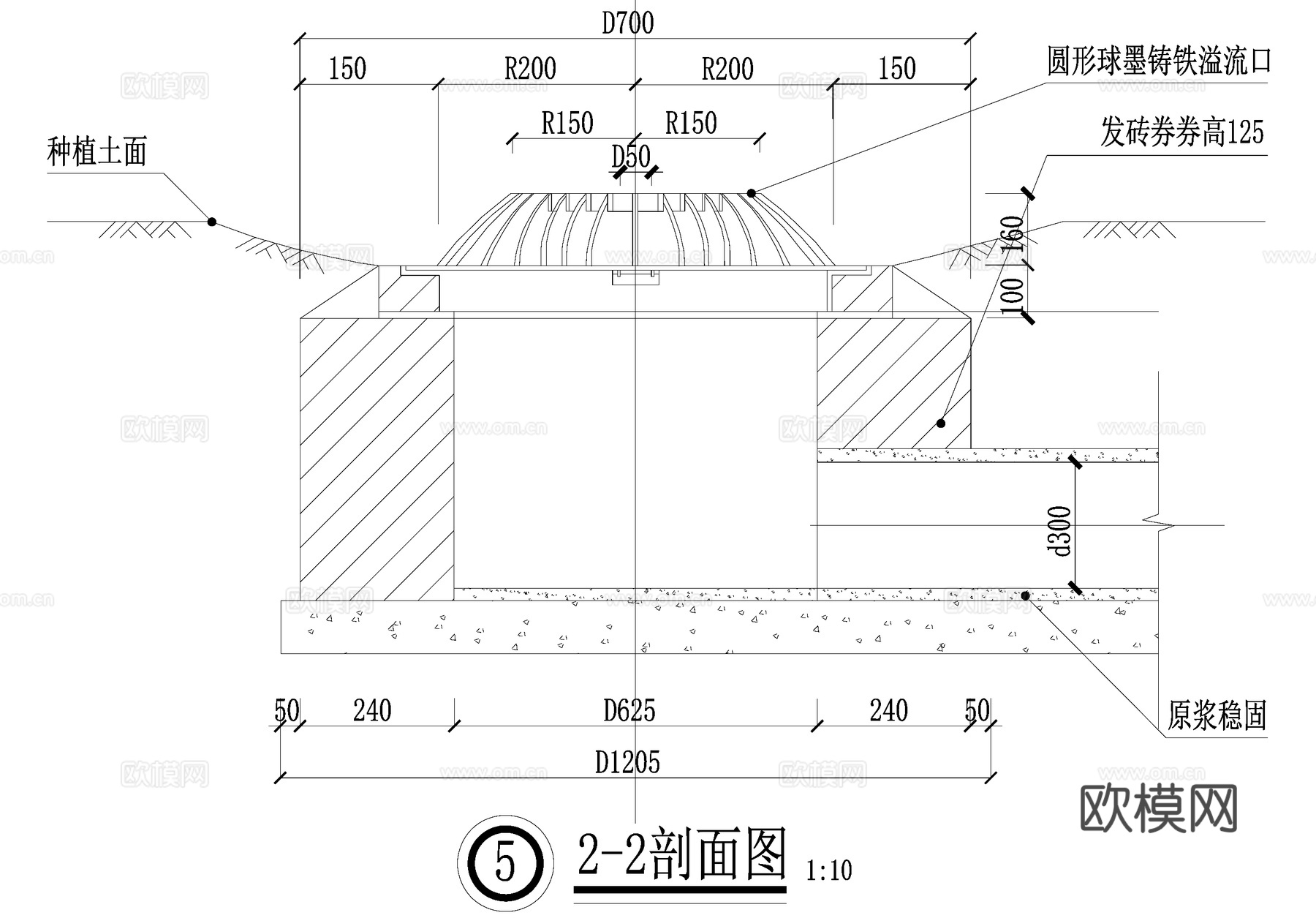 雨水花园植草沟溢流口给排水节点cad施工图