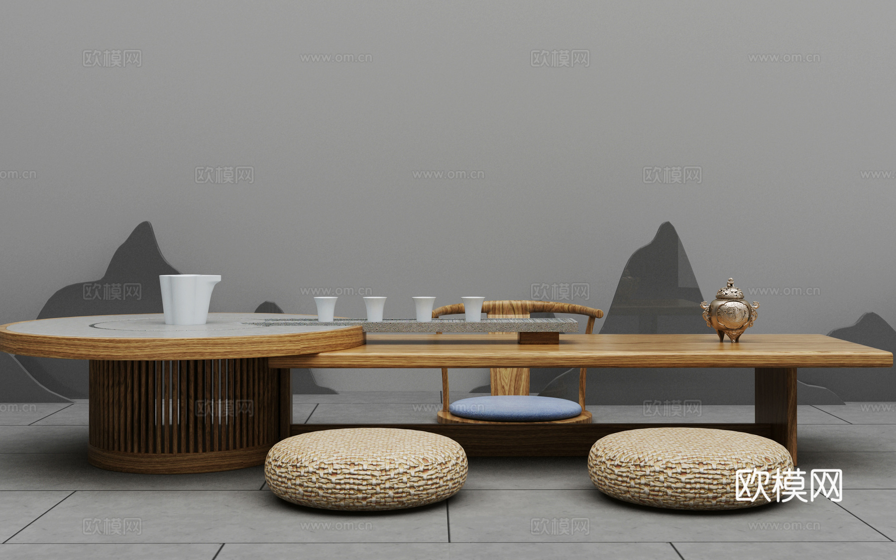 新中式茶台新组合3d模型下载（渲染图1）