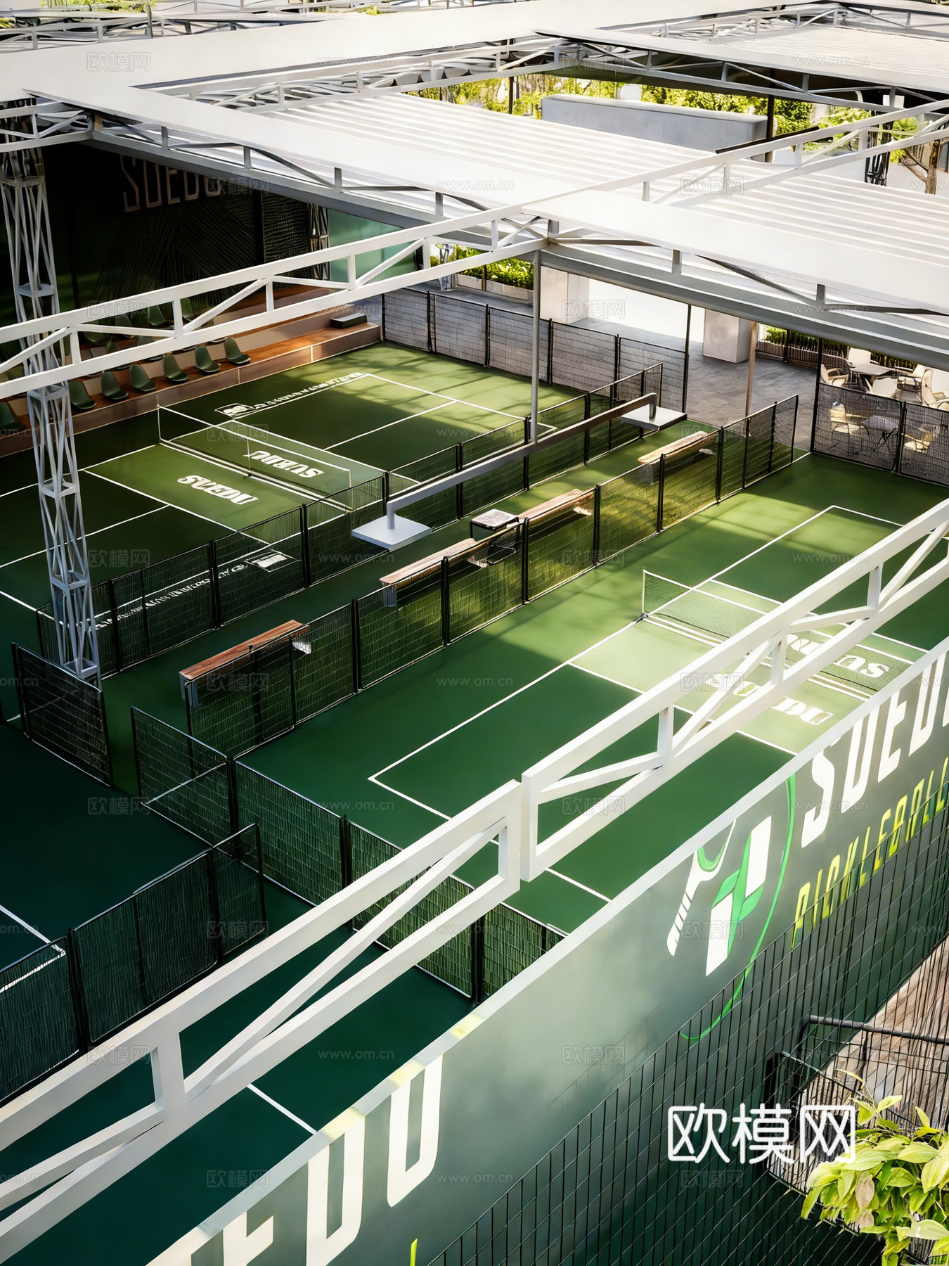 现代专业羽毛球网球球场 钢结构顶棚 专业围网 观众看台 体育su模型