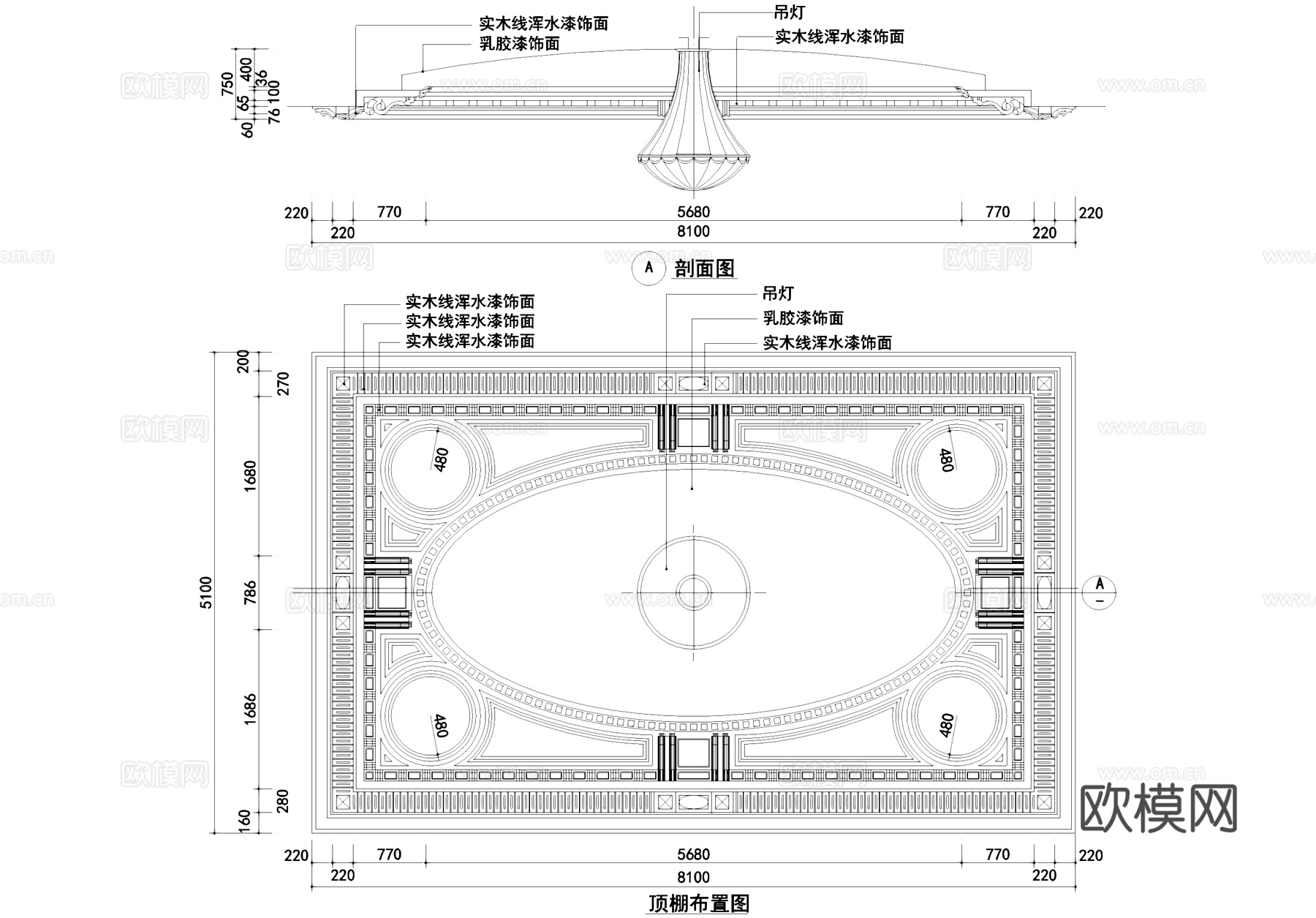 欧式顶棚吊顶天花平剖面CAD施工图cad施工图